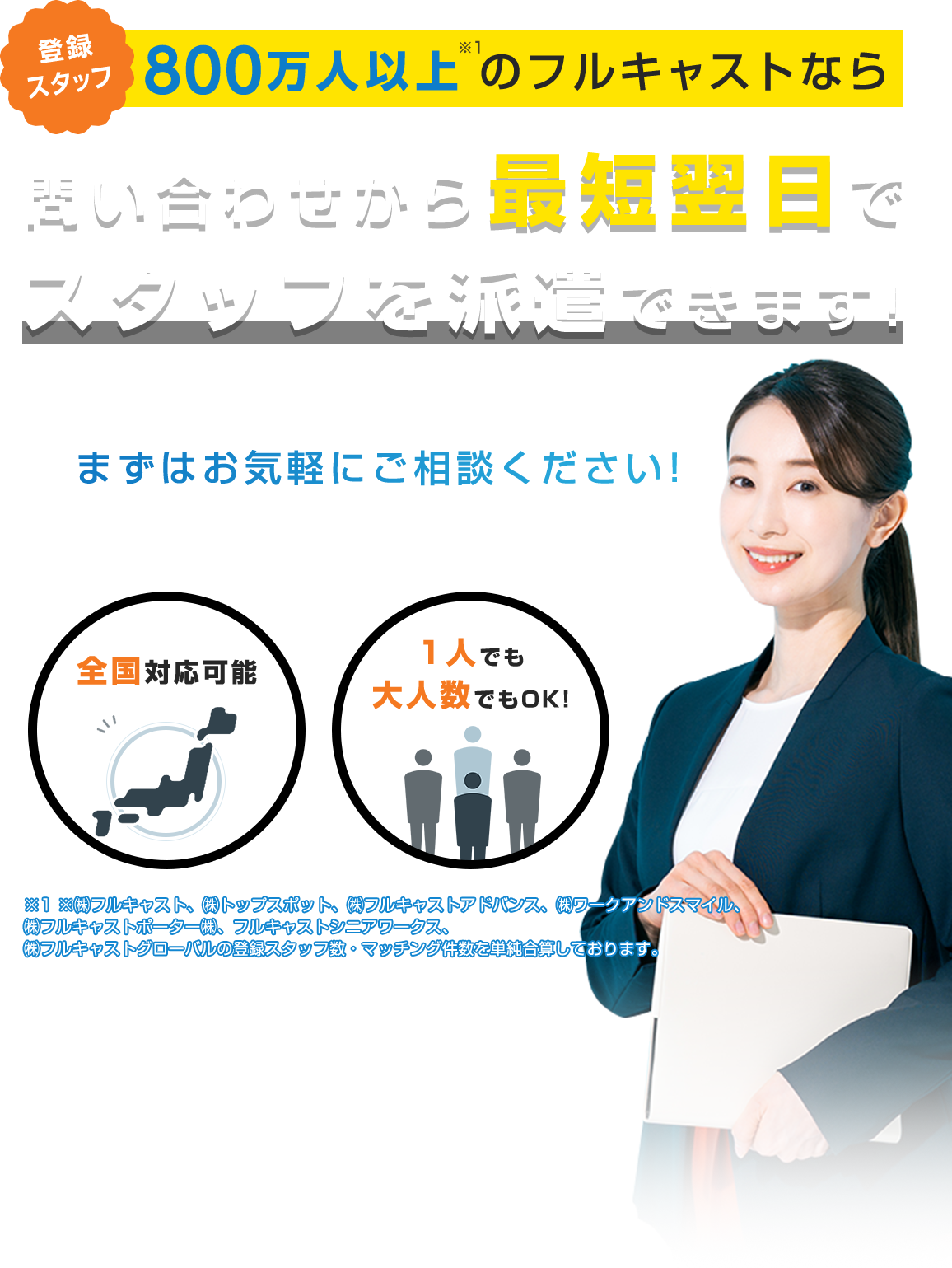 登録スタッフ800万人以上のフルキャストなら問い合わせから最短翌日でスタッフを派遣出来ます！ まずはお気軽にご相談ください！【全国対応可能】【1人でも大人数でもOK！】