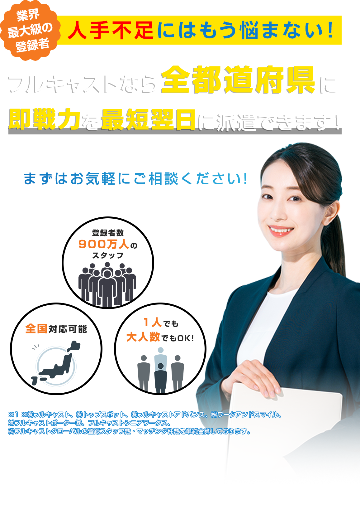 業界最大級の登録者！人手不足にはもう悩まない！フルキャストなら全都道府県に即戦力を最短翌日に派遣できます！まずはお気軽にご相談ください！登録者数900万人のスタッフ。全国対応可能。1人でも大人数でもOK!